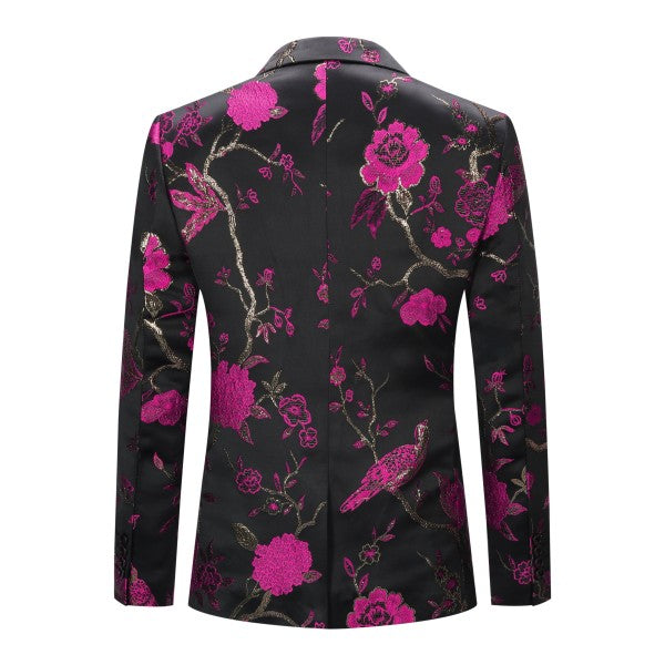 Men's One Button Notched Lapel Embroidered Blazer | Slim Fit Floral & Bird Print – Rose Red & Blue