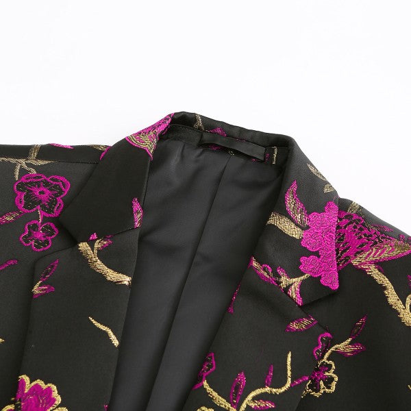 Men's One Button Notched Lapel Embroidered Blazer | Slim Fit Floral & Bird Print – Rose Red & Blue