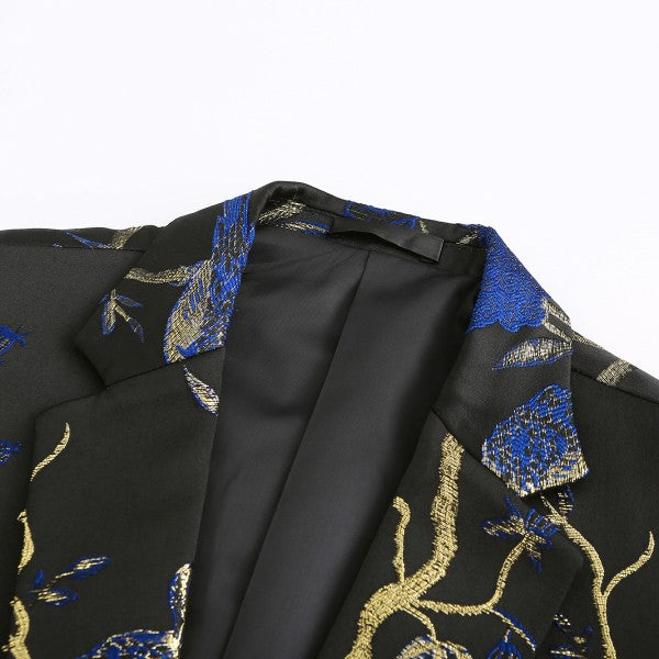 Men's One Button Notched Lapel Embroidered Blazer | Slim Fit Floral & Bird Print – Rose Red & Blue
