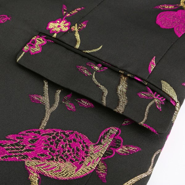 Men's One Button Notched Lapel Embroidered Blazer | Slim Fit Floral & Bird Print – Rose Red & Blue