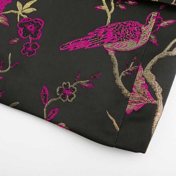 Men's One Button Notched Lapel Embroidered Blazer | Slim Fit Floral & Bird Print – Rose Red & Blue