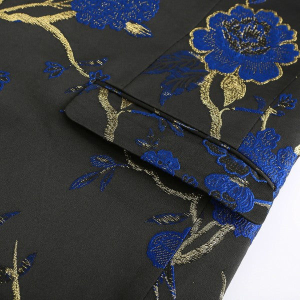 Men's One Button Notched Lapel Embroidered Blazer | Slim Fit Floral & Bird Print – Rose Red & Blue