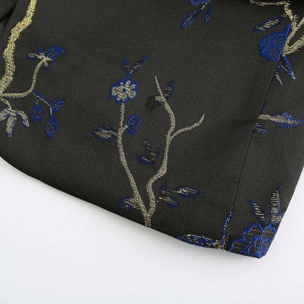 Men's One Button Notched Lapel Embroidered Blazer | Slim Fit Floral & Bird Print – Rose Red & Blue