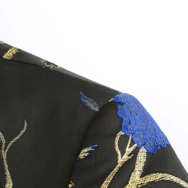 Men's One Button Notched Lapel Embroidered Blazer | Slim Fit Floral & Bird Print – Rose Red & Blue
