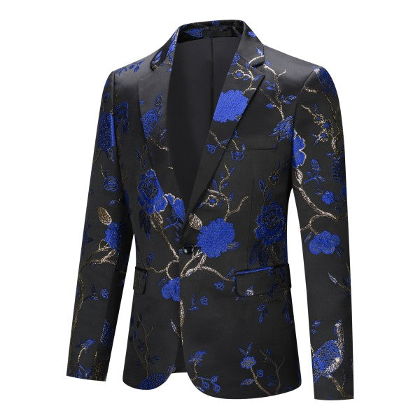 Men's One Button Notched Lapel Embroidered Blazer | Slim Fit Floral & Bird Print – Rose Red & Blue
