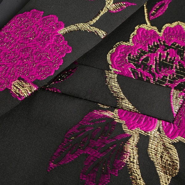 Men's One Button Notched Lapel Embroidered Blazer | Slim Fit Floral & Bird Print – Rose Red & Blue