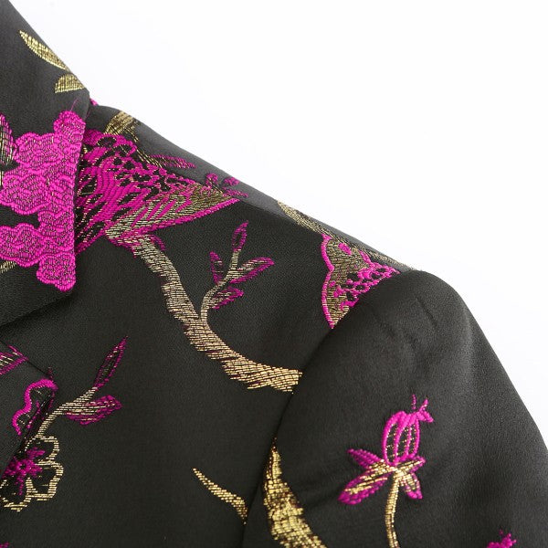 Men's One Button Notched Lapel Embroidered Blazer | Slim Fit Floral & Bird Print – Rose Red & Blue