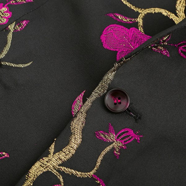 Men's One Button Notched Lapel Embroidered Blazer | Slim Fit Floral & Bird Print – Rose Red & Blue