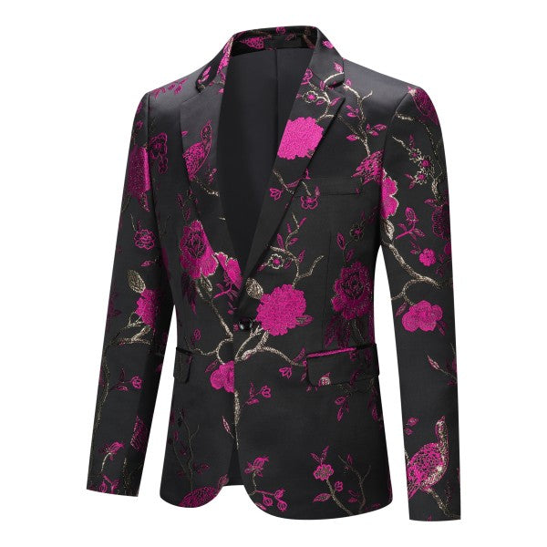 Men's One Button Notched Lapel Embroidered Blazer | Slim Fit Floral & Bird Print – Rose Red & Blue