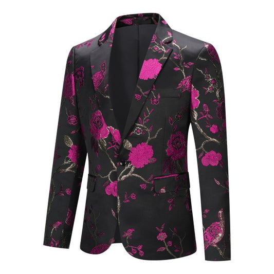 Men's One Button Notched Lapel Embroidered Blazer | Slim Fit Floral & Bird Print – Rose Red & Blue
