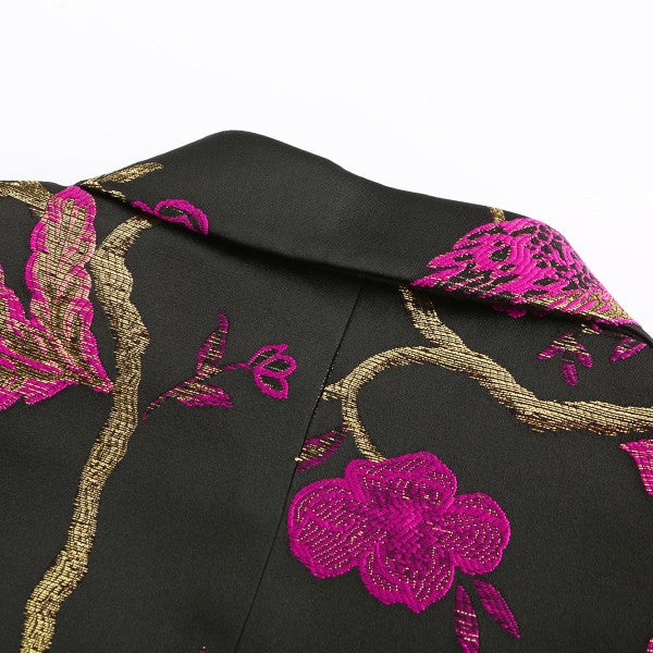 Men's One Button Notched Lapel Embroidered Blazer | Slim Fit Floral & Bird Print – Rose Red & Blue
