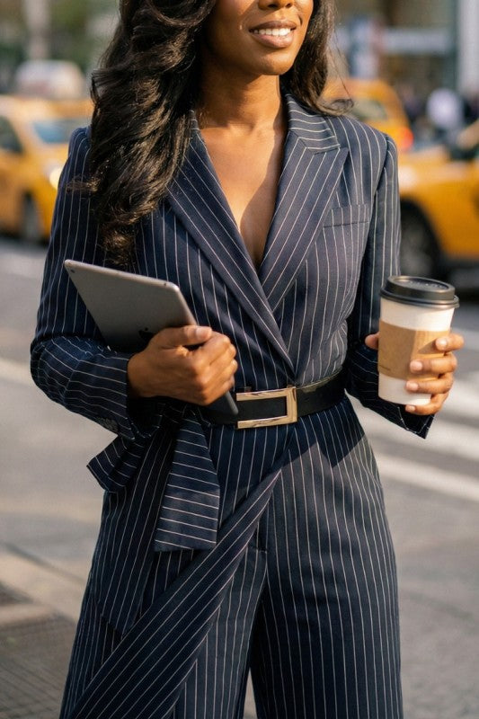 Pinstripe Tailored Belted Jumpsuit