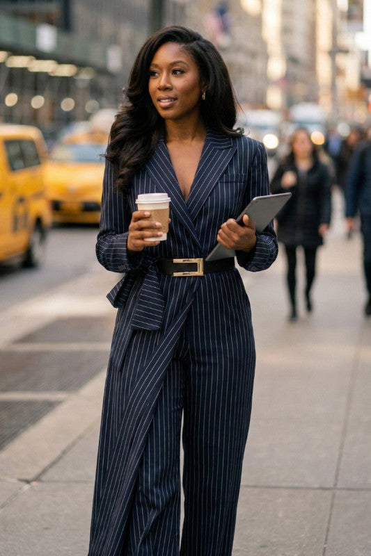 Pinstripe Tailored Belted Jumpsuit
