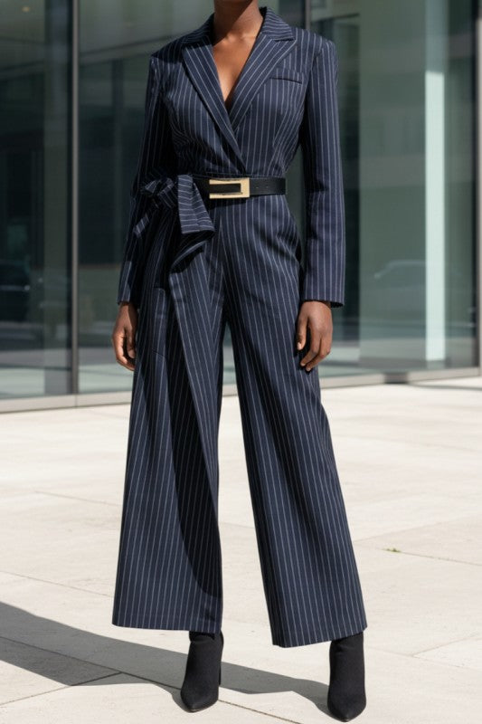 Pinstripe Tailored Belted Jumpsuit