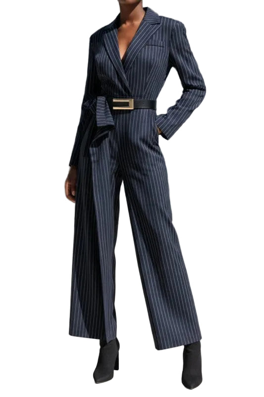 Pinstripe Tailored Belted Jumpsuit