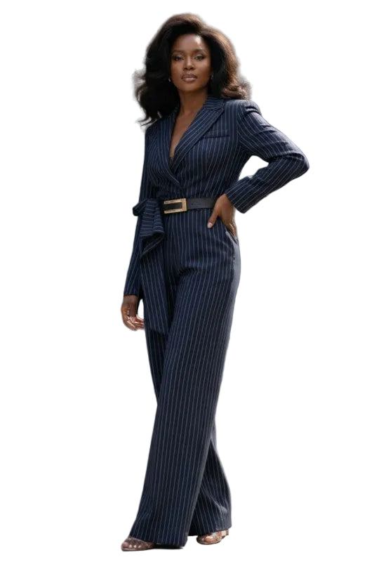 Pinstripe Tailored Belted Jumpsuit Navy WHITE S