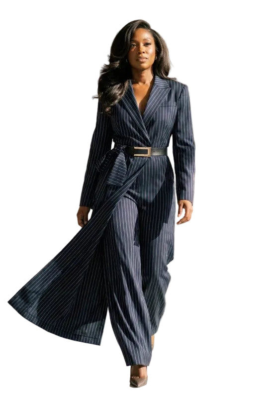 Pinstripe Tailored Belted Jumpsuit Navy WHITE L