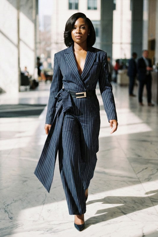 Pinstripe Tailored Belted Jumpsuit