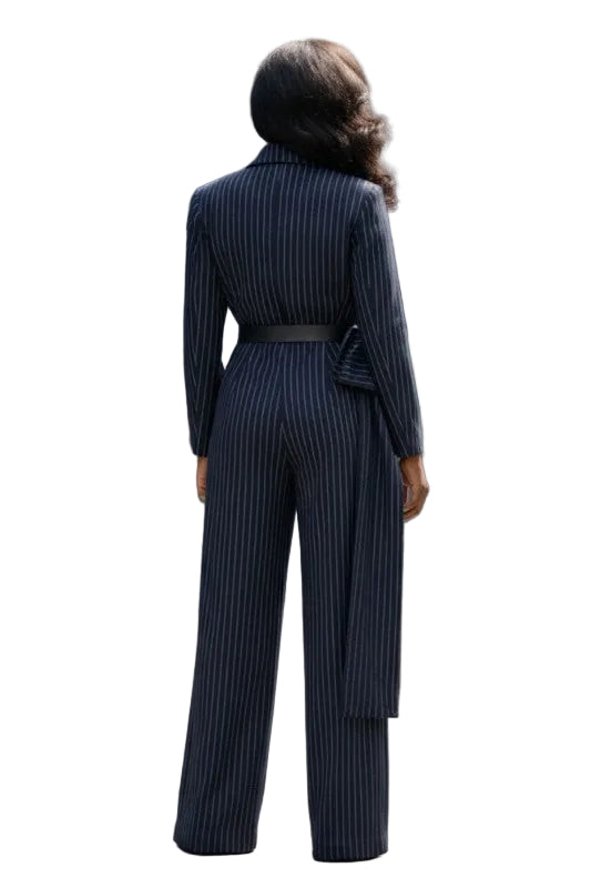 Pinstripe Tailored Belted Jumpsuit Navy WHITE M