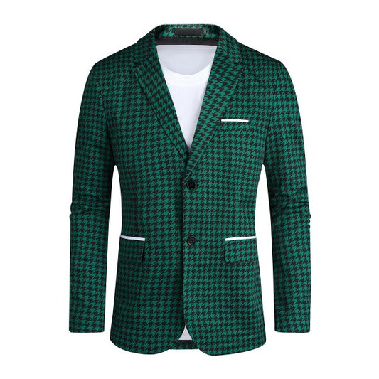 Men's Houndstooth Pattern 2-Button Blazer | 3D Slim Fit Notched Lapel Jacket – Black & Green Black and Green