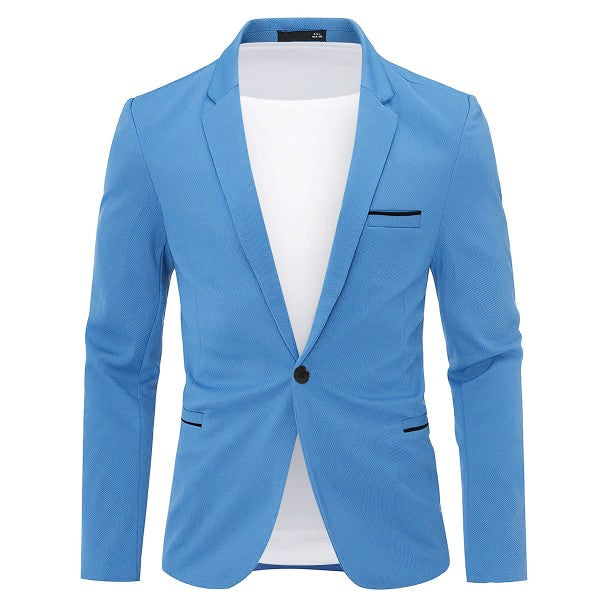 Men's Solid Color 1-Button Blazer | Notched Lapel Jetted Pocket Suit Jacket Sky Blue S