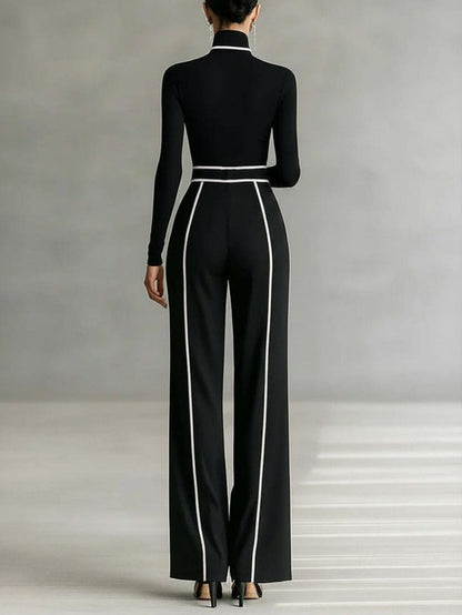 Elegant Stand Collar Contrast Binding Knit Set – Two-Piece Wide-Leg Trouser Suit
