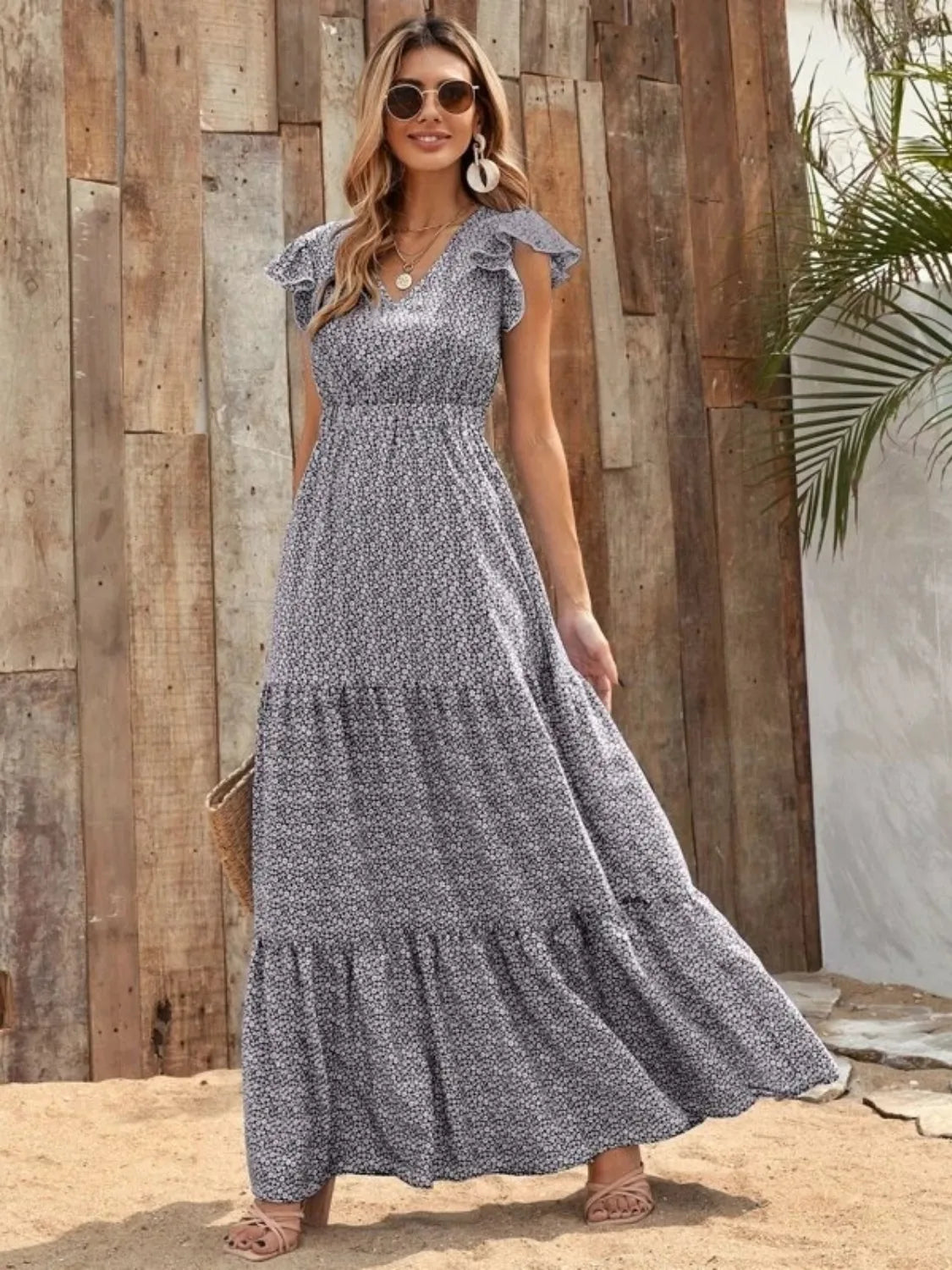 The Printed V-Neck Ruffle Sleeve Maxi Dress – 4 Colors, Sizes S–2XL