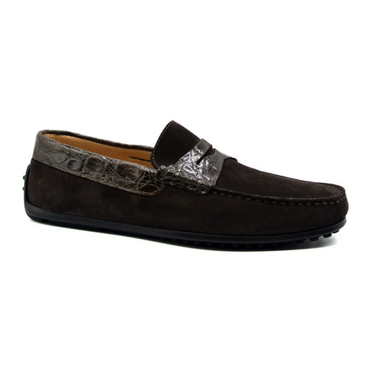 31-160-NIC MONZA Sueded Calfskin with Crocodile Driver, Nicotine Nicotine Medium