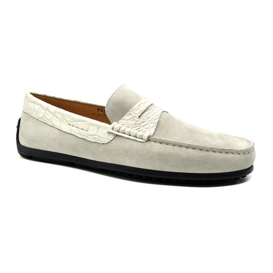 Monza White Sueded Italian Calfskin & Crocodile Drivers | Handmade in Italy White Medium