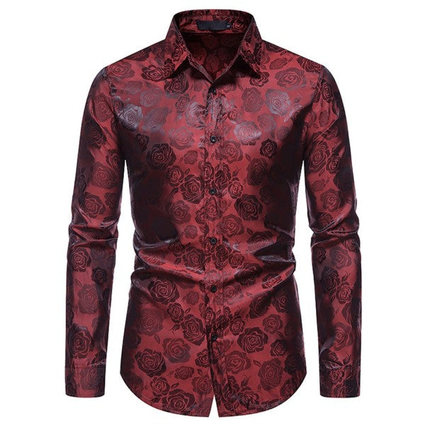 Men's Rose Jacquard Long Sleeve Shirt | Slim Fit Floral Button-Down Dress Shirt Burgundy S