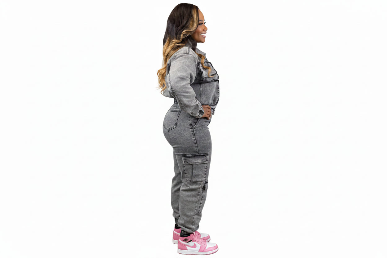 Women’s Spliced Denim Cargo Set – Zipper Jacket & Slim Pants Dark Gray XXL
