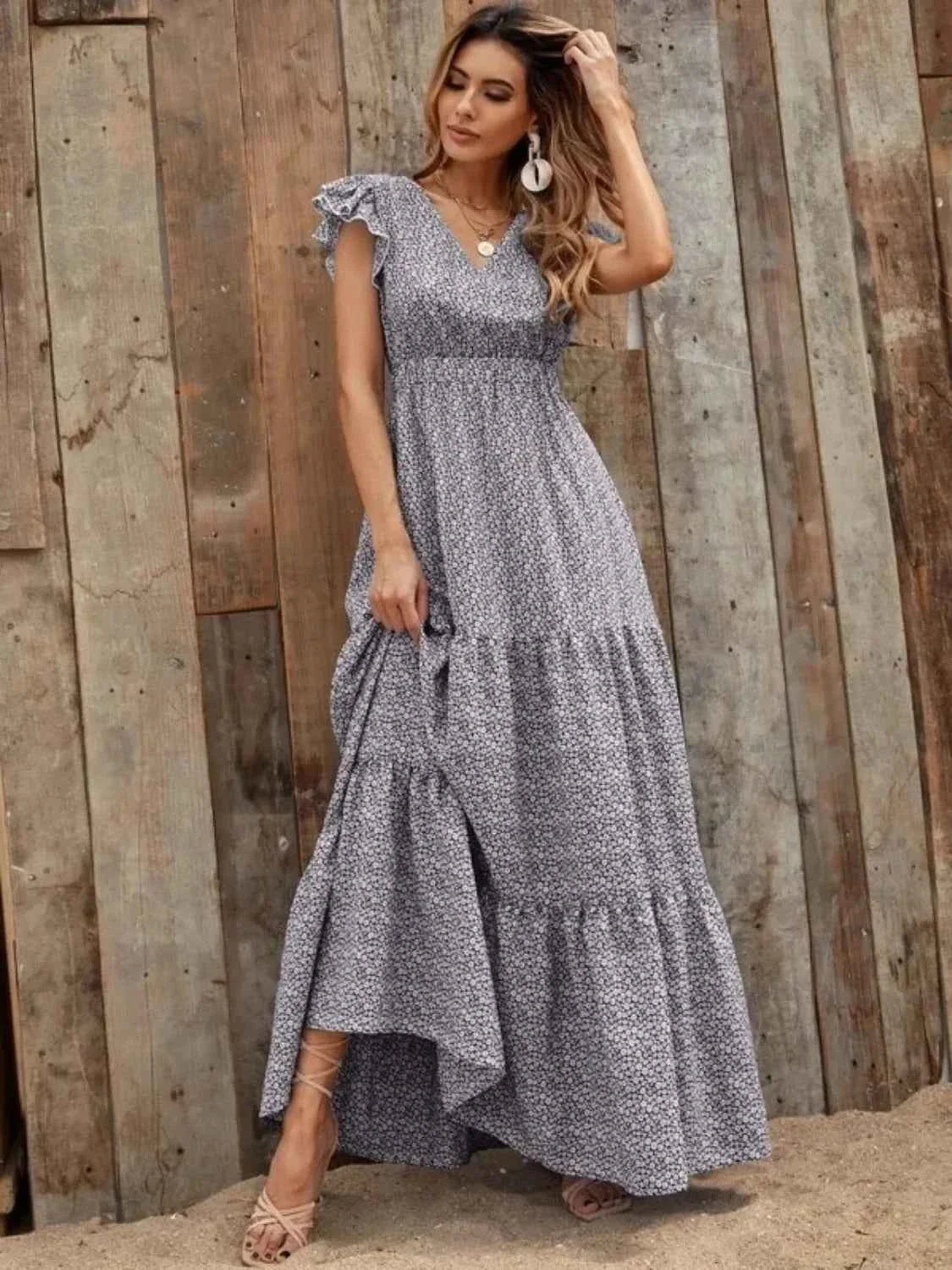 The Printed V-Neck Ruffle Sleeve Maxi Dress – 4 Colors, Sizes S–2XL Gray