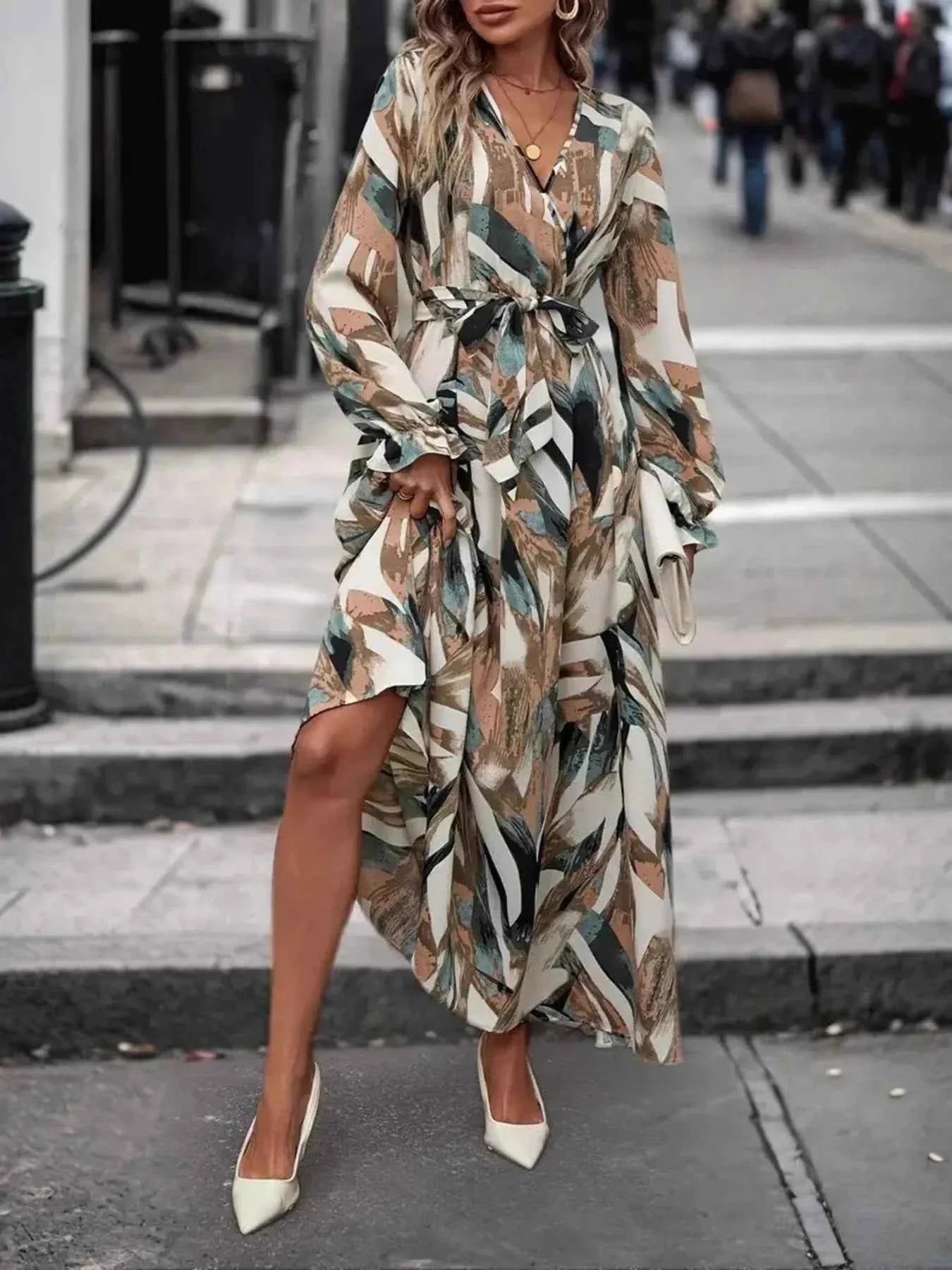 The Printed Surplice Flounce Sleeve Maxi Dress – Self-Tie Belt, Camel & Red, S–XL Camel L