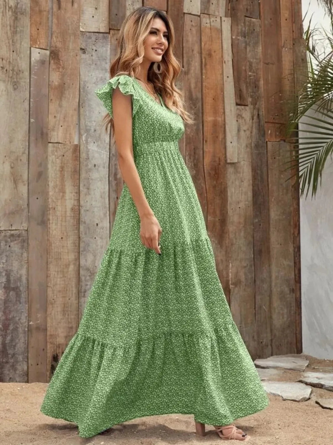 The Printed V-Neck Ruffle Sleeve Maxi Dress – 4 Colors, Sizes S–2XL