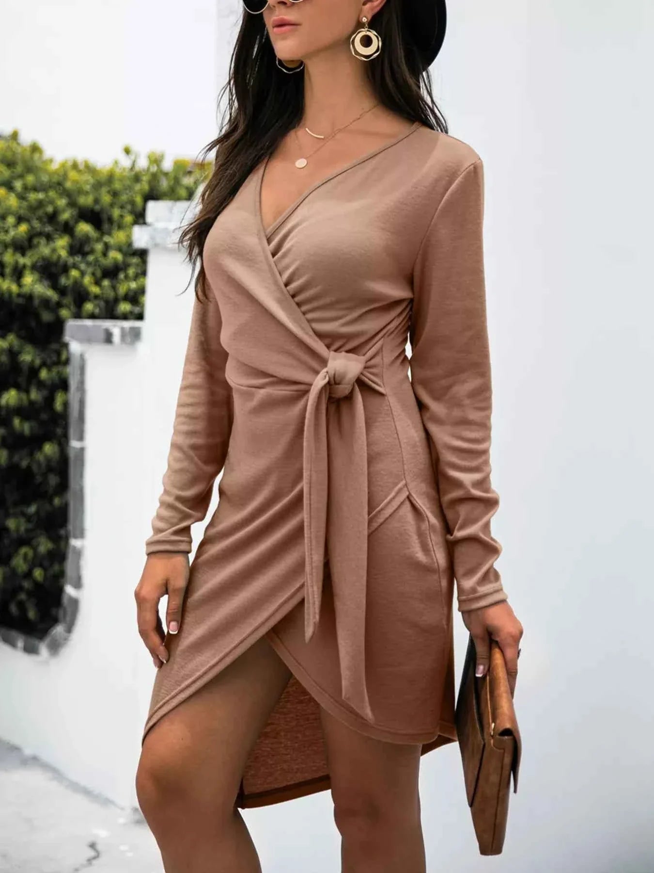 Surplice Long Sleeve Side Tie Dress – Wrap-Style V-Neck Midi Dress