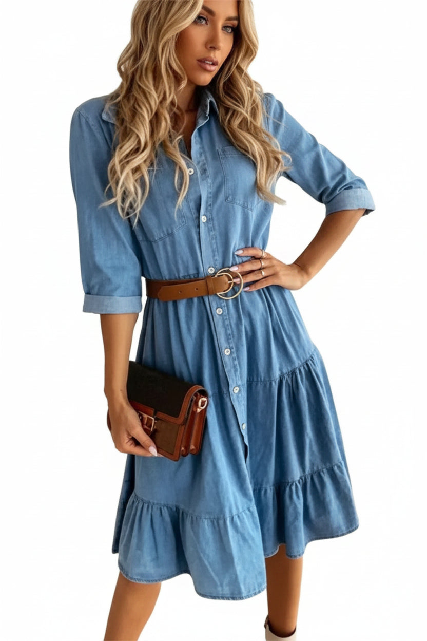 Belted Denim Midi Dress | Three-Quarter Sleeve Ruffle & Button Detail Blue XXXL
