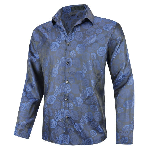 Men's Rose Jacquard Long Sleeve Shirt | Slim Fit Floral Button-Down Dress Shirt