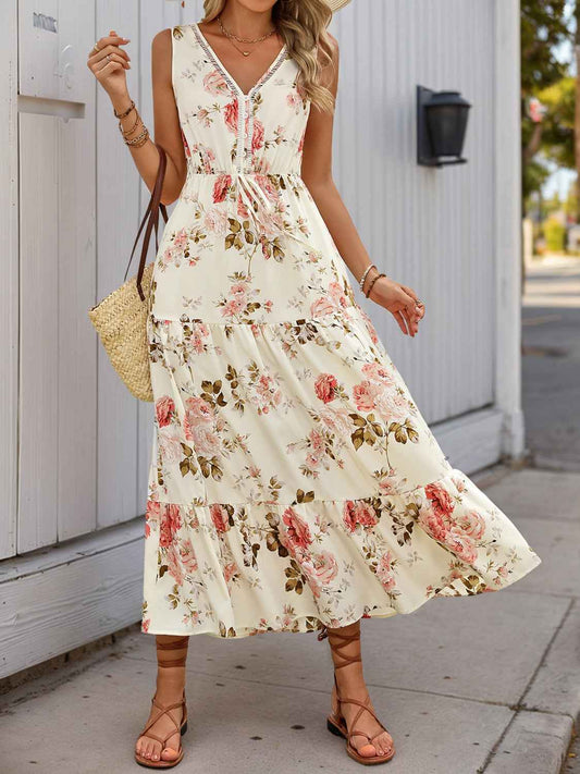 The Printed Ruffled Hem V-Neck Dress – Sleeveless, Cream, Sizes S–XL
