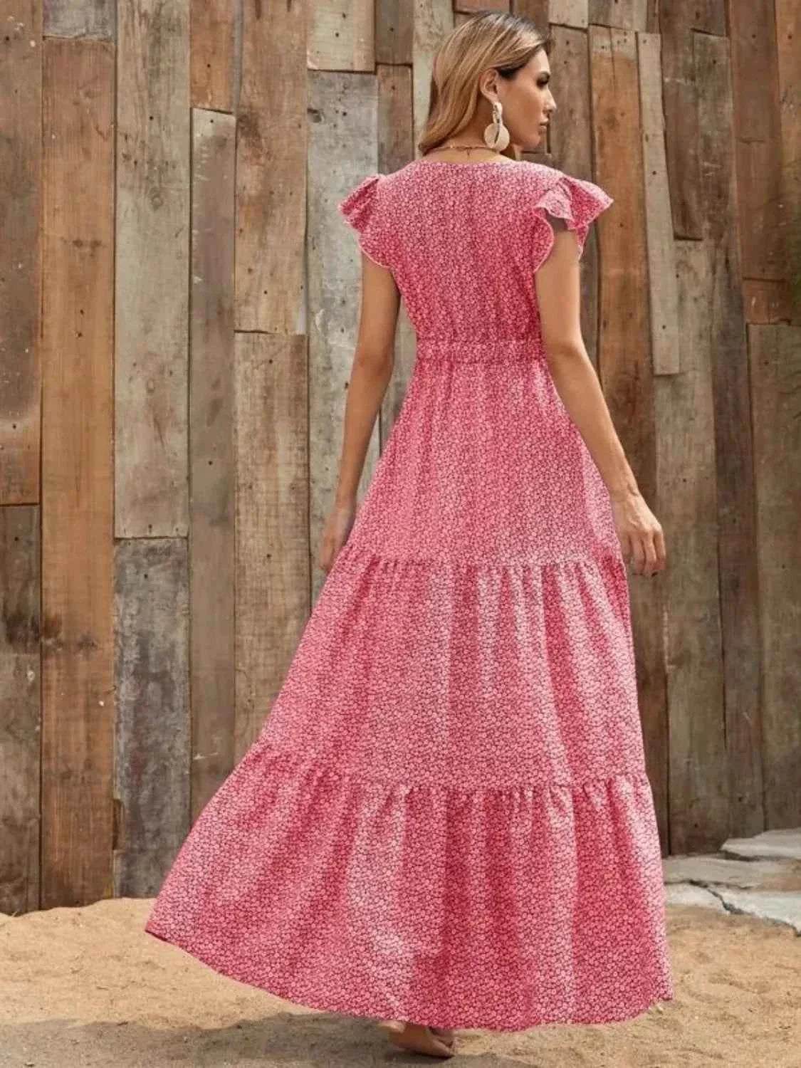 The Printed V-Neck Ruffle Sleeve Maxi Dress – 4 Colors, Sizes S–2XL