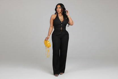 The Elevate Two-Piece Halter Vest & Wide-Leg Pants Black