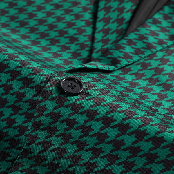 Men's Houndstooth Pattern 2-Button Blazer | 3D Slim Fit Notched Lapel Jacket – Black & Green