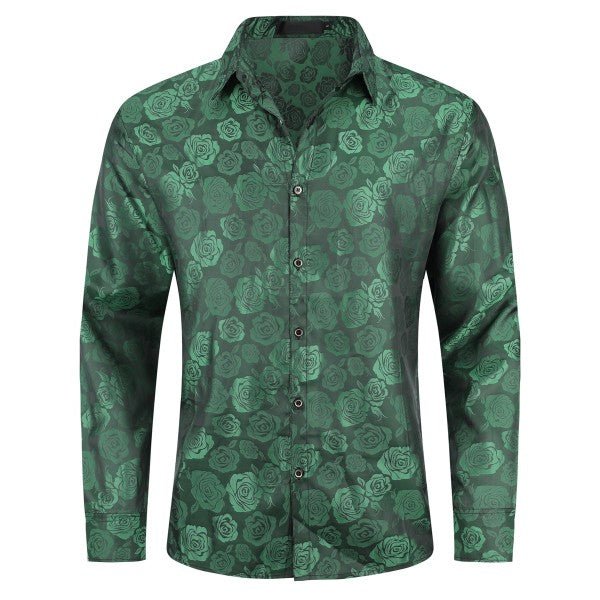 Men's Rose Jacquard Long Sleeve Shirt | Slim Fit Floral Button-Down Dress Shirt Green