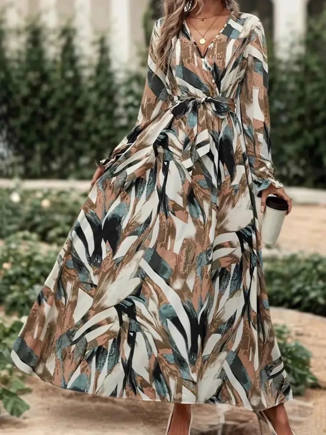 The Printed Surplice Flounce Sleeve Maxi Dress – Self-Tie Belt, Camel & Red, S–XL Camel M
