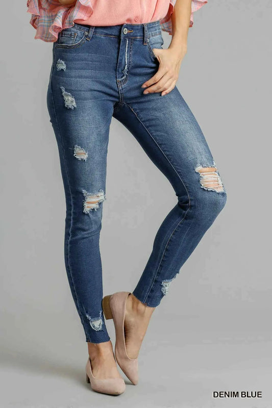 Umgee Distressed Skinny Jeans – High-Rise Stretch Denim with Pockets DENIM BLUE