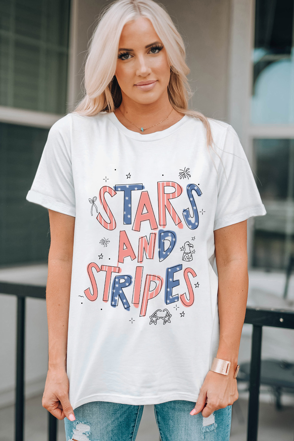 Stars & Stripes Graphic Tee | Women's Patriotic Crew Neck T-Shirt