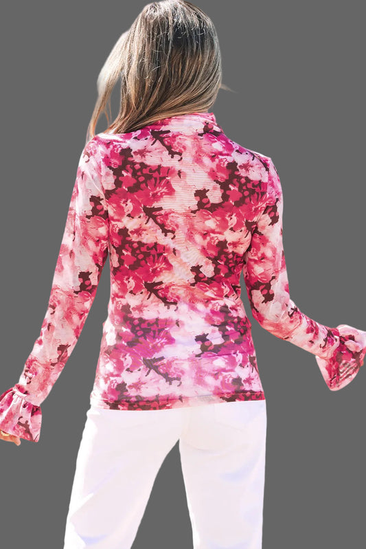 Rose Floral Mesh Flounce Sleeve Mock Neck Blouse