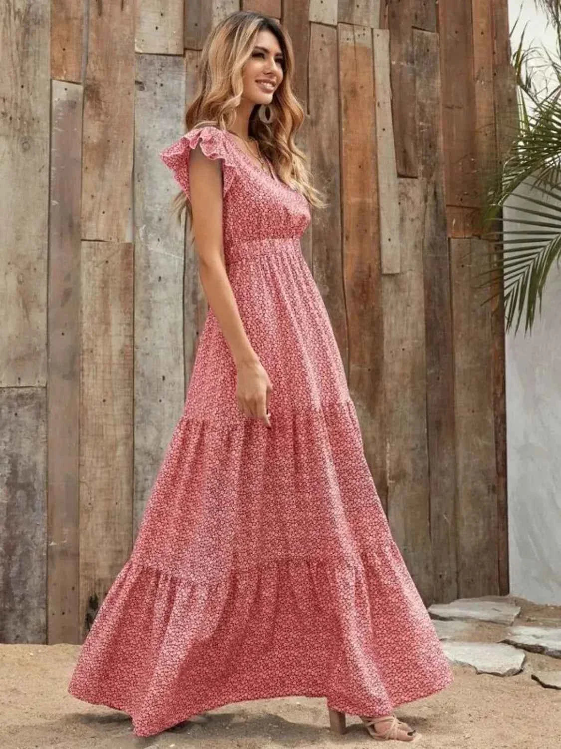 The Printed V-Neck Ruffle Sleeve Maxi Dress – 4 Colors, Sizes S–2XL