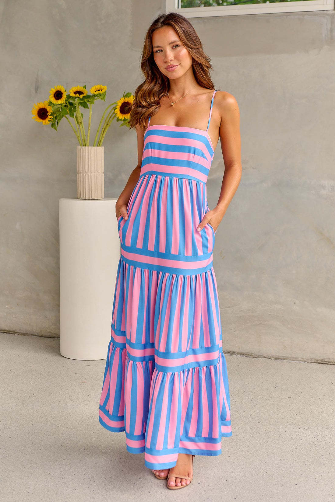 The Striped Square Neck Backless Maxi Dress – Spaghetti Strap, Pockets, 5 Colors Pink