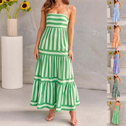 The Striped Square Neck Backless Maxi Dress – Spaghetti Strap, Pockets, 5 Colors