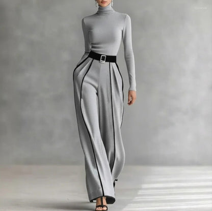 Elegant Stand Collar Contrast Binding Knit Set – Two-Piece Wide-Leg Trouser Suit Grey